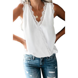 Boho White Eyelash Lace Trim Wrap V Neck Tank Top